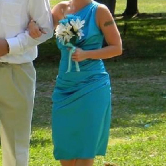 David’s Bridal Silky Teal One Shoulder short Dress - Picture 6 of 7